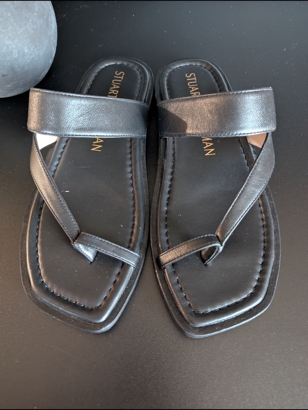 Stuart Weitzman Black Leather Toe-Loop Sandals